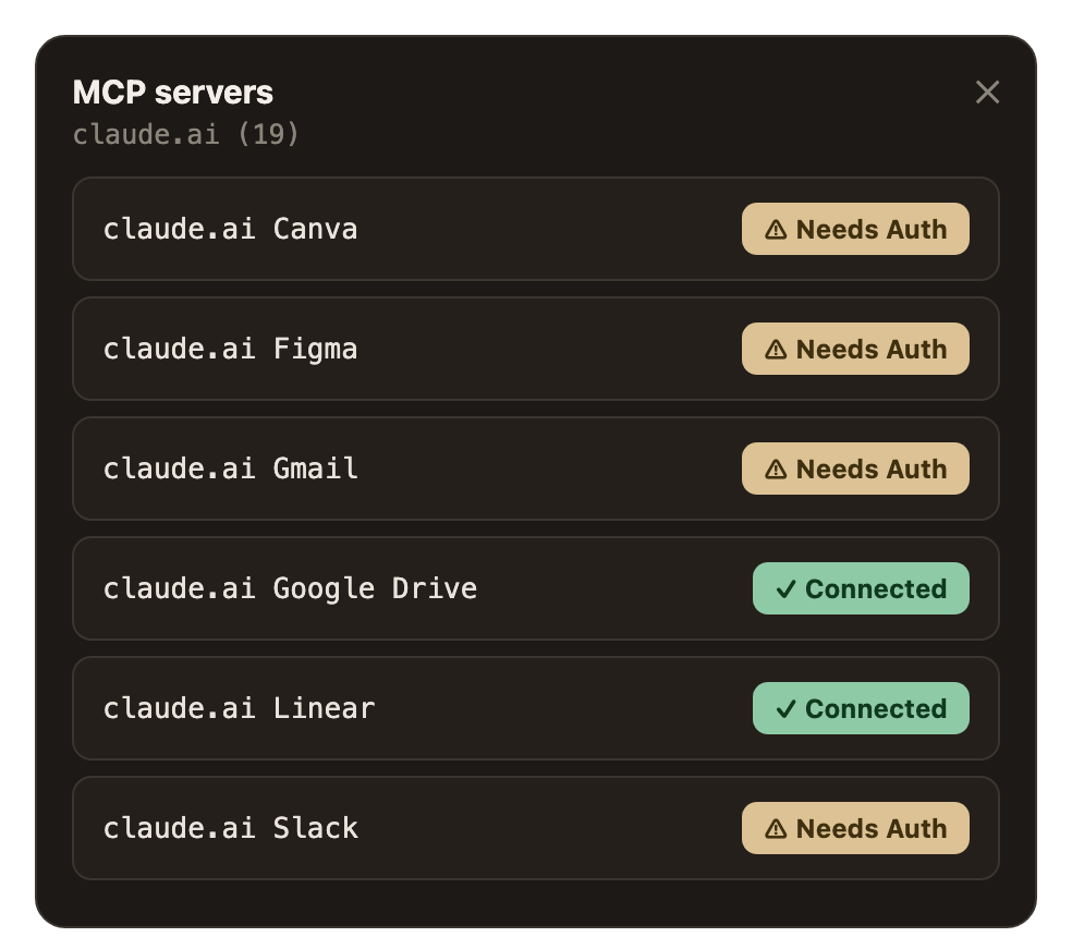 The MCP servers panel showing connectors with Needs Auth and Connected statuses